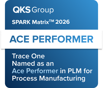 QKS recognition for Trace One - Trace One named as an ACE PERFORMER in PLM for Process Manufacturing in SPARK Matrix™ 2026 QKS recognition for Trace One - Trace One named as an ACE PERFORMER in PLM for Process Manufacturing in SPARK Matrix™ 2026