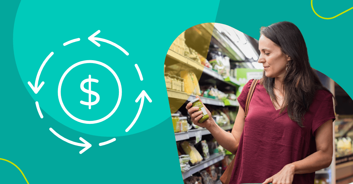 Woman reading jar label at the grocery store and ROI icon