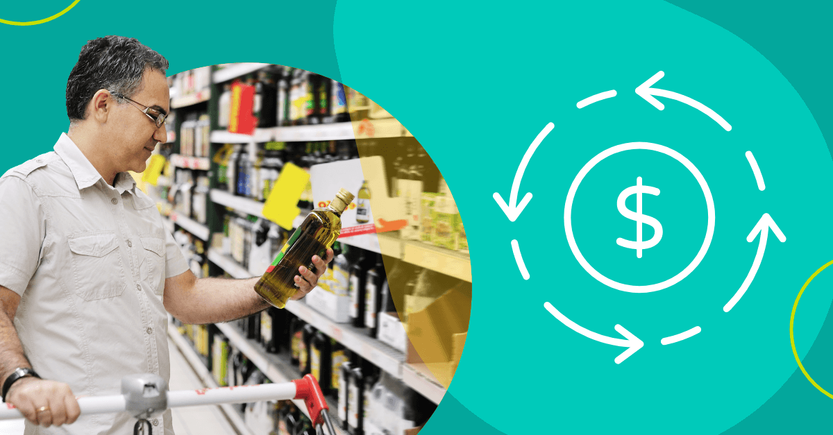 Man reading olive oil label at the grocery store and ROI icon