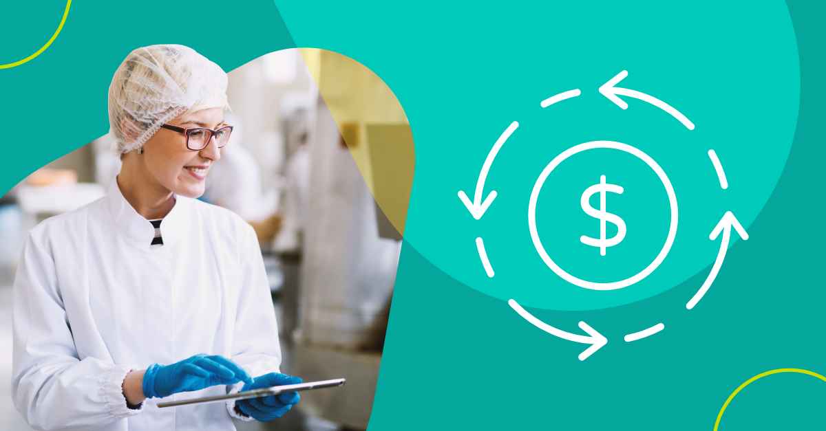 Woman worker in food processing plant and ROI icon