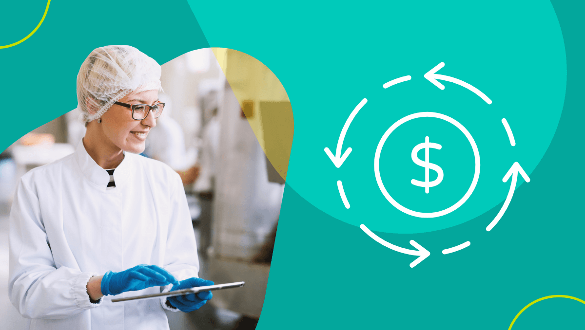 Woman worker in food processing plant and ROI icon